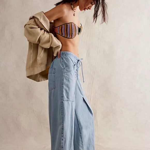 Free People Castaway Slouchy Pull-On Jeans Wide-Leg Drawstring Pants - Picture 2 of 4
